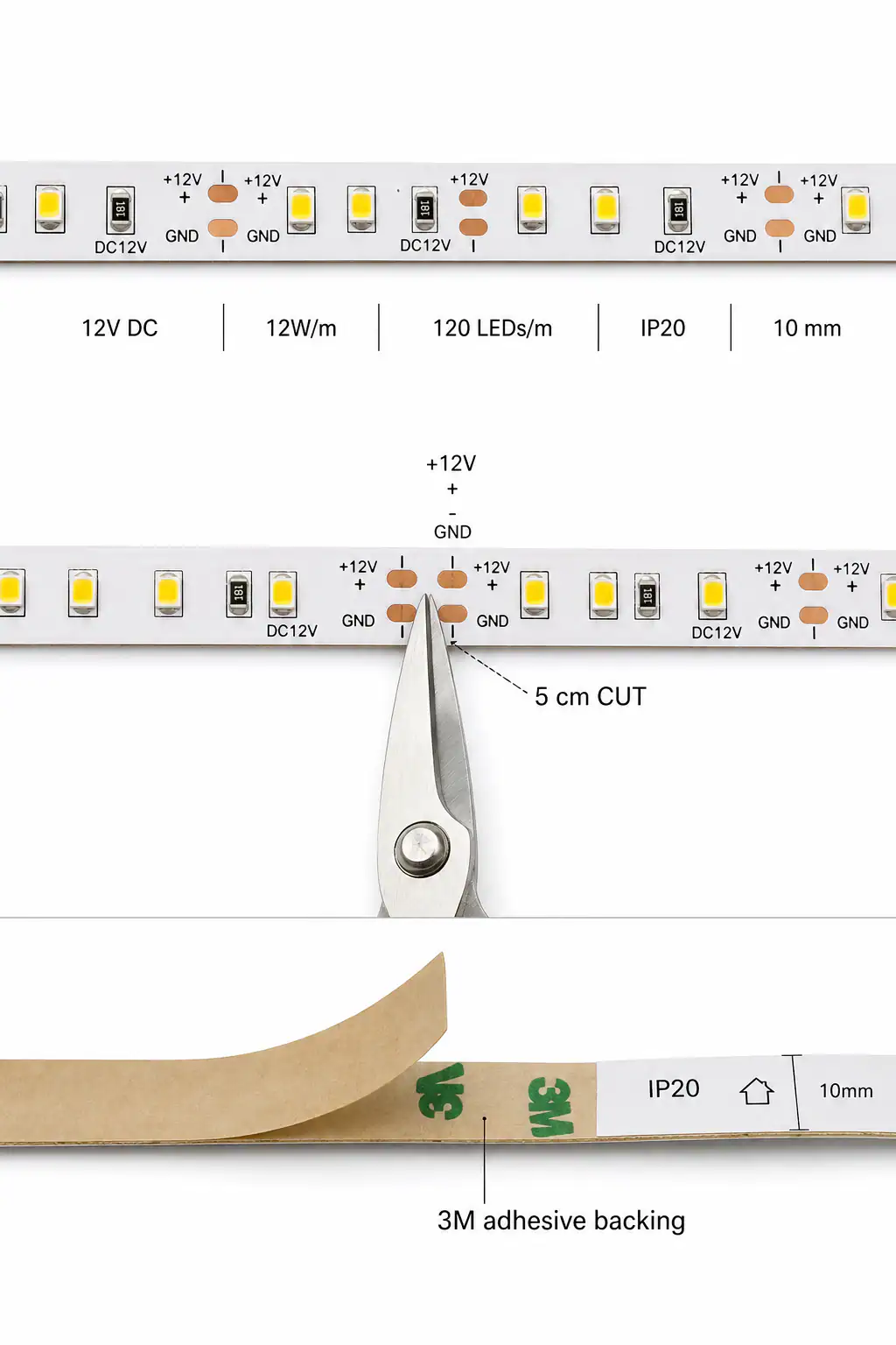 Technický detail LED pásku 10mm s dělením každých 5cm